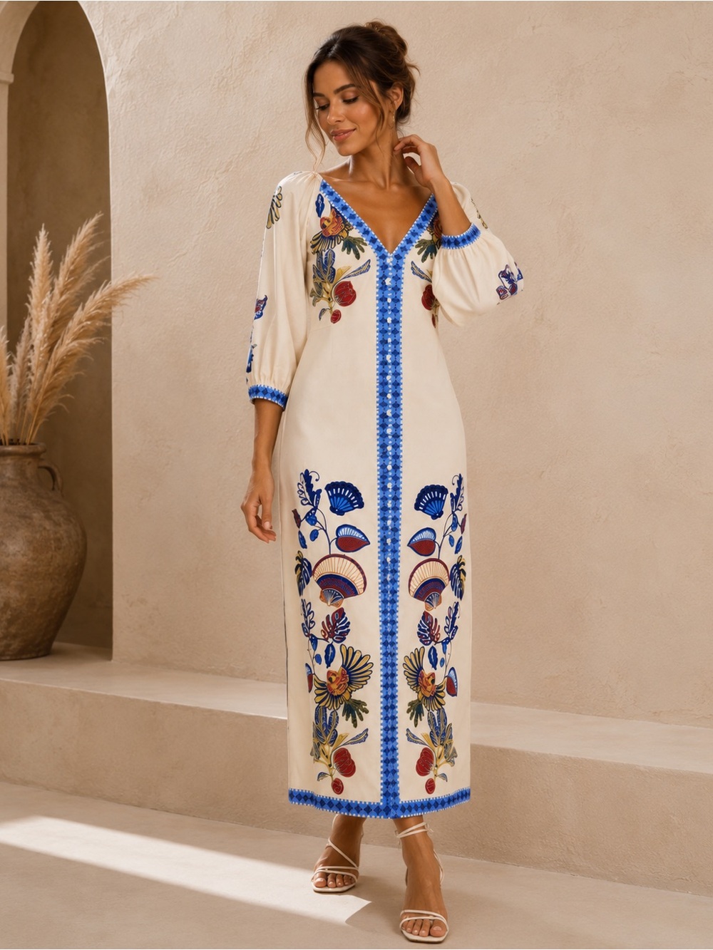 50-‎ NEW Blue Ivory Boho Floral Print Maxi Dress V-Neck 3/4 Sleeve